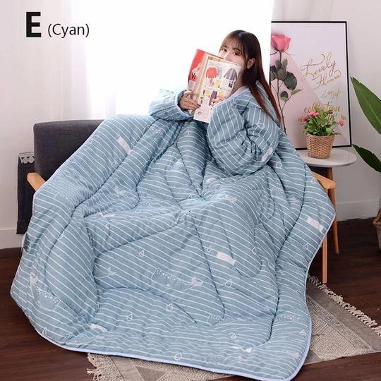 Cozy fleece blanket with sleeves in various colors, perfect for relaxing and enjoying indoor activities