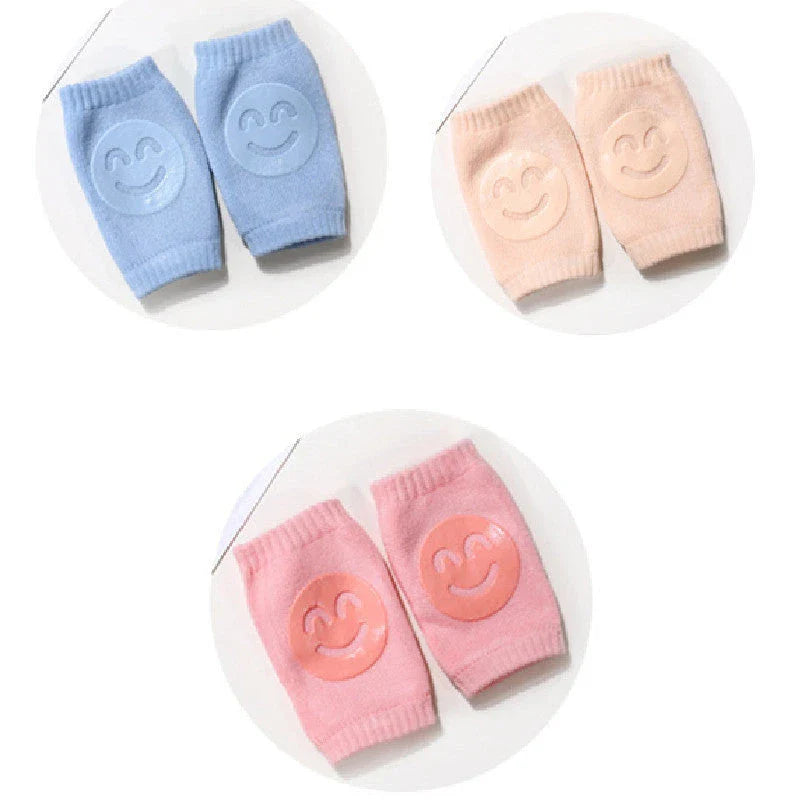 Cozy knee pads in various colors designed to protect babies during crawling with a non-slip, stretchy fit