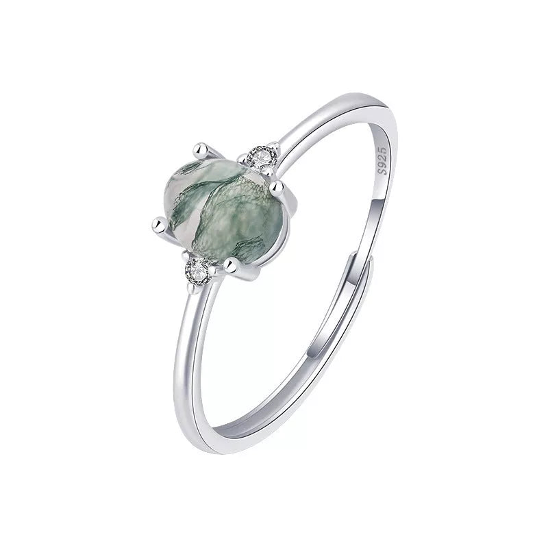 S925 Silver Green Moss Ring with adjustable opening and geometric design