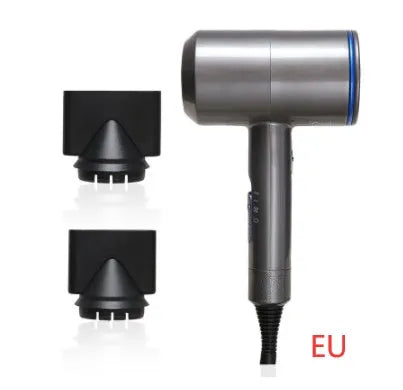 Black hotel hair dryer with 2.5m cable, concentrator nozzle, and multiple international plug adapters