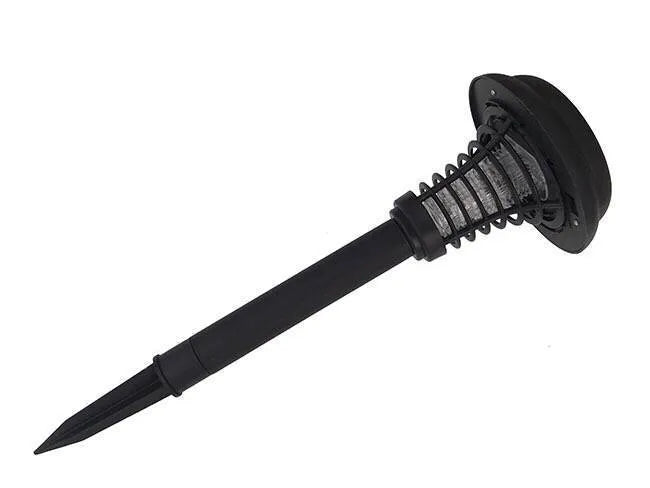 Black solar-powered outdoor insect killing lamp with white and purple LEDs for garden mosquito control.