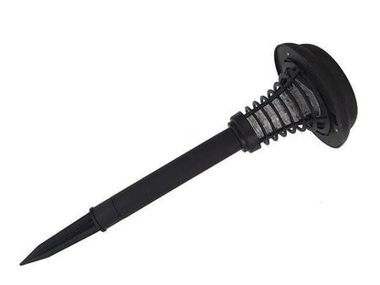 Black solar-powered outdoor insect killing lamp with white and purple LEDs for garden mosquito control.