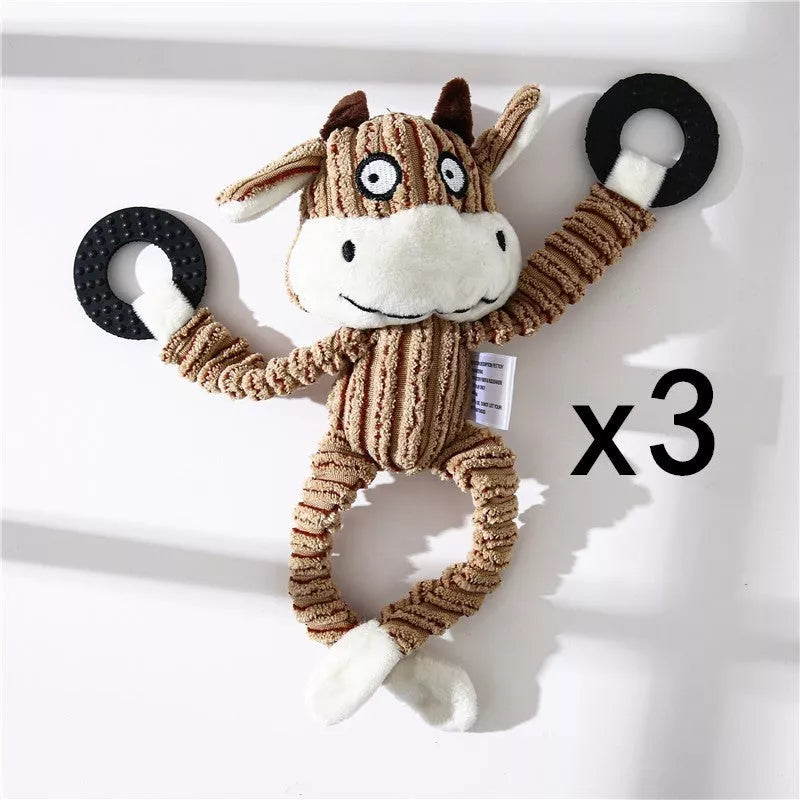 Donkey-shaped corduroy chew toy for dogs with squeaker, available in white, brown, and gray