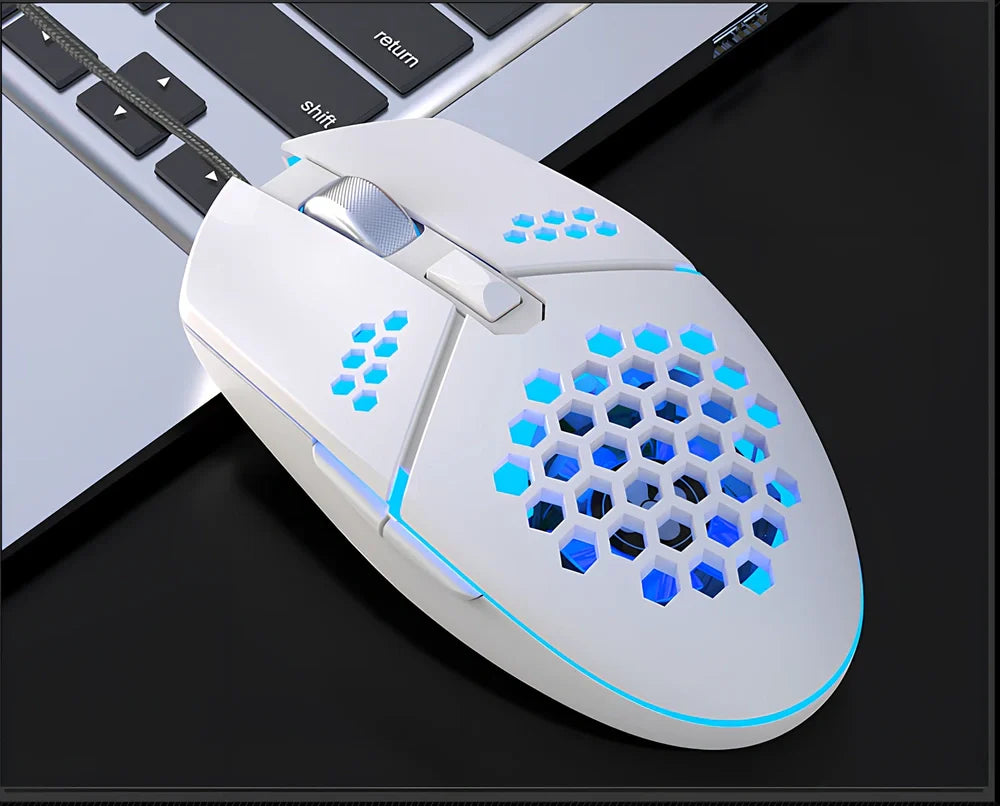 Wired gaming mouse with honeycomb shell and cooling fan, showing ergonomic ≥120mm design with 6 programmable buttons