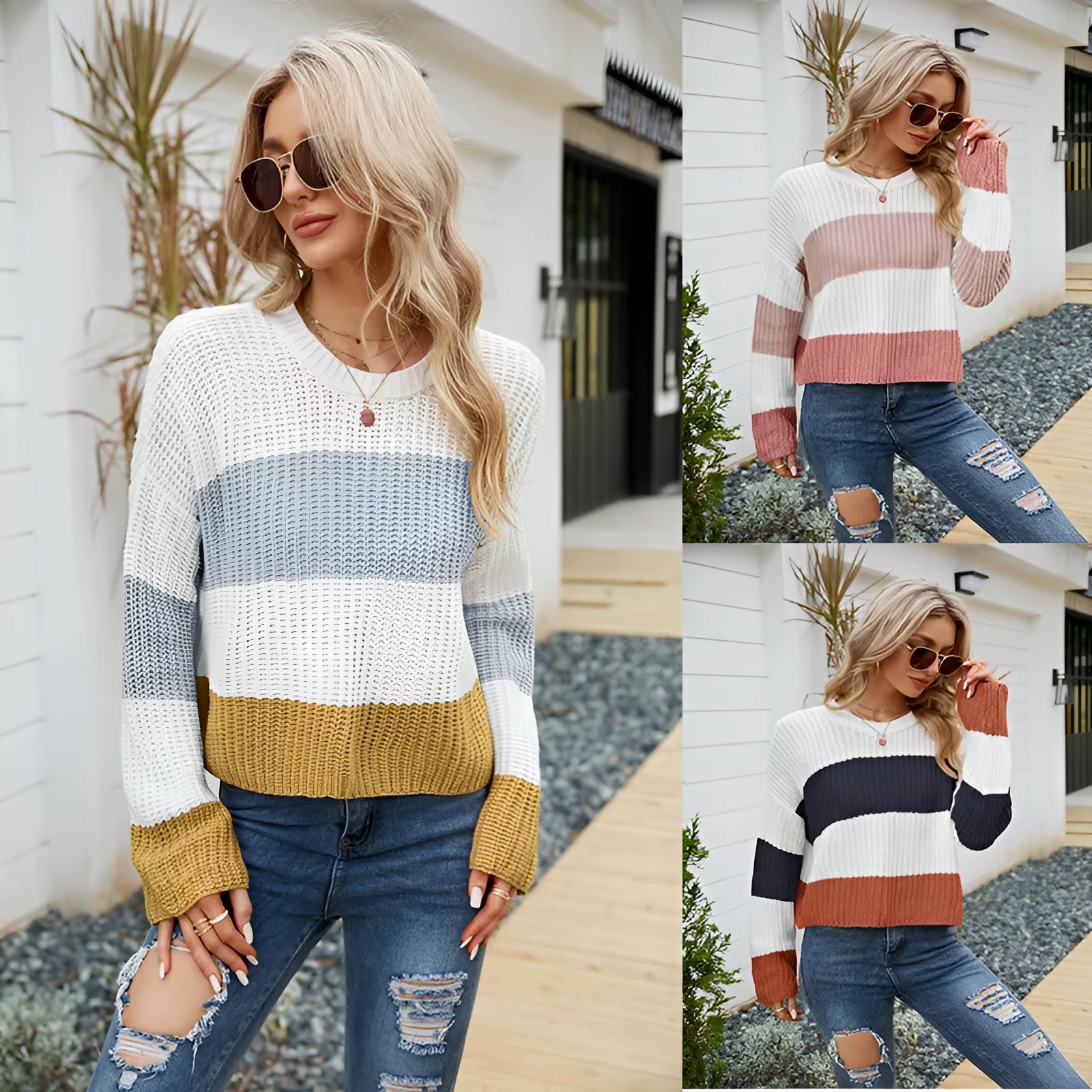 Women's short striped pullover sweater in acrylic fibre with loose fit and regular sleeves