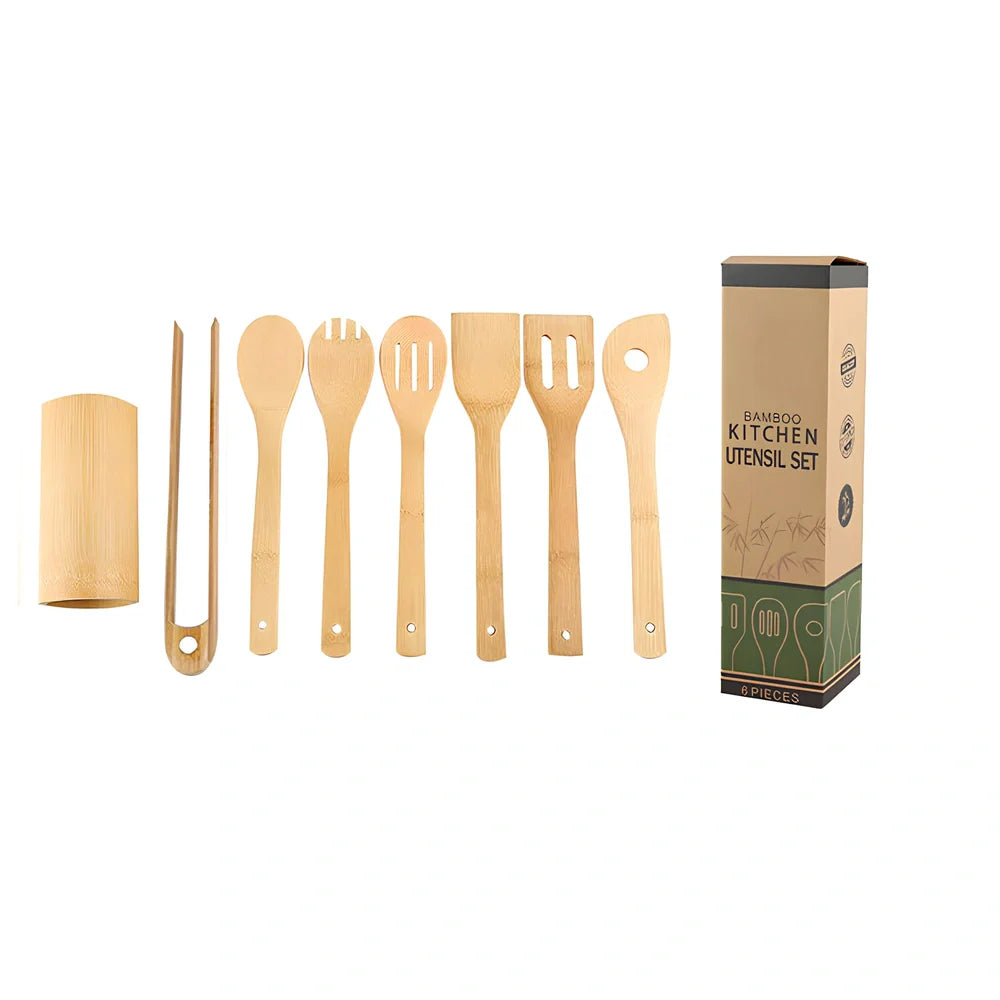 Bamboo spatula set with square bamboo holder containing various cooking utensils with ergonomic handles