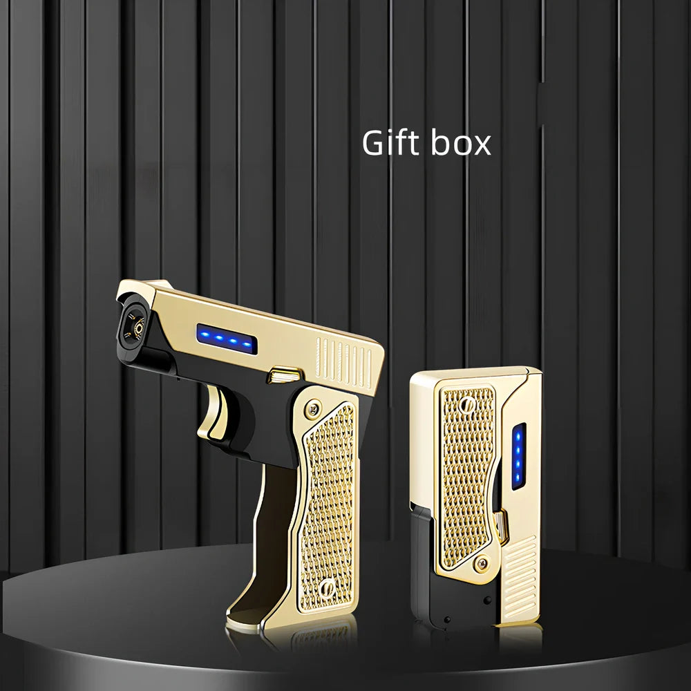 Foldable wind proof lighter showing extended and folded positions with USB charging cable