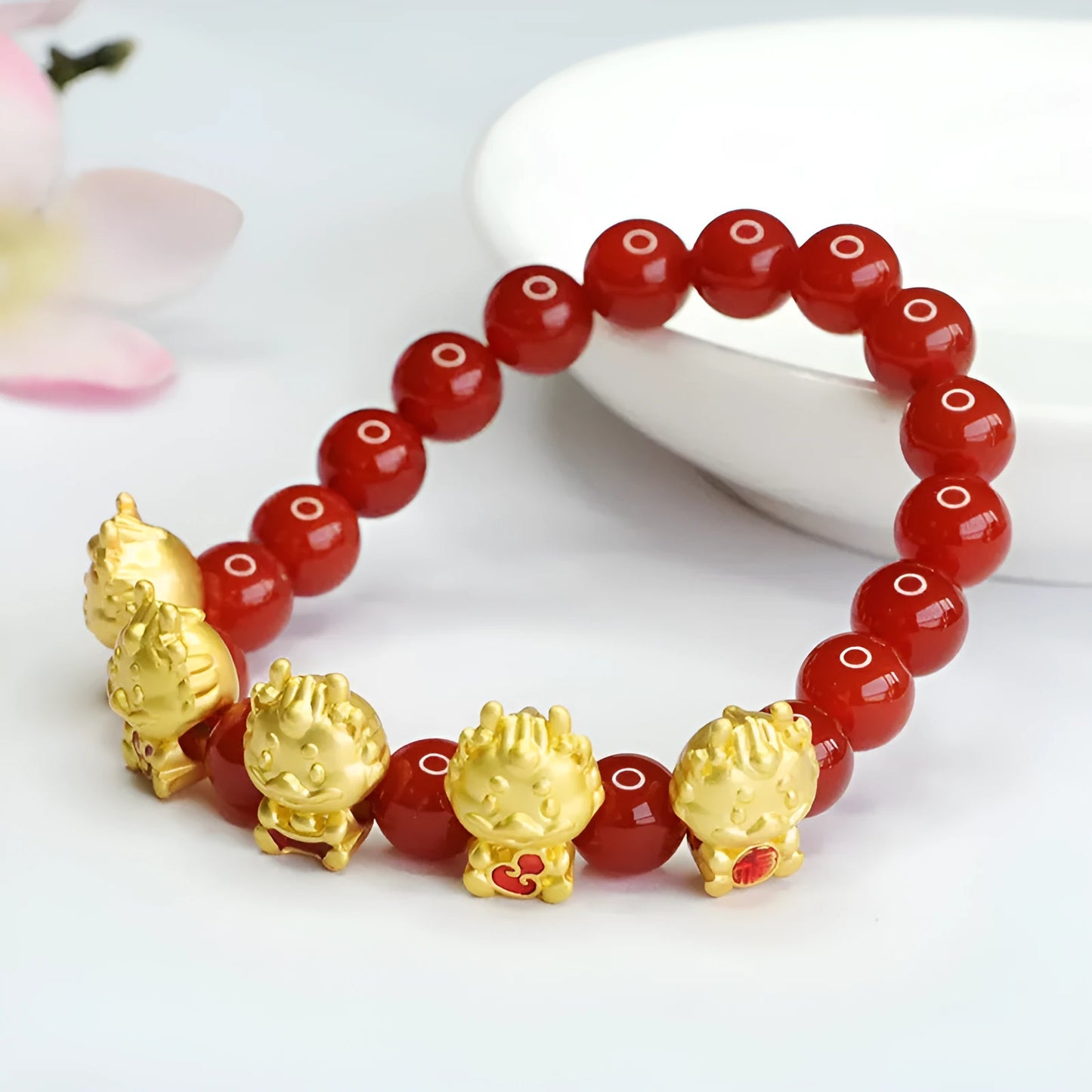 Red agate Five Blessing Dragon bracelet with 8mm beads in Chinese style