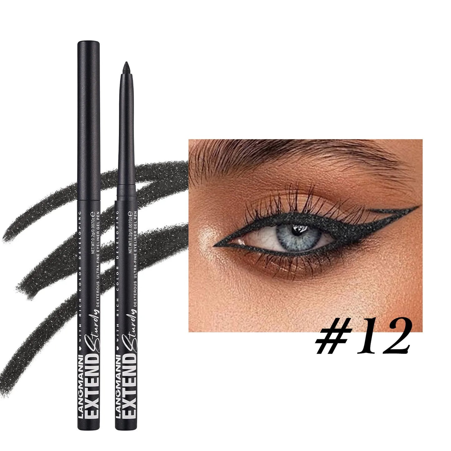 12 colourful gel glitter eyeliner pencils with matte and glitter finishes in waterproof formula