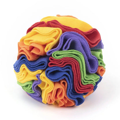 Soft and interactive puzzle ball toy made of polar fleece for dogs and cats to sniff and forage for hidden treats