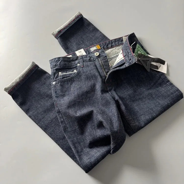 Men's straight-leg denim trousers in primary colour with mid-waist design and 100% cotton fabric