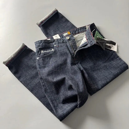 Men's straight-leg denim trousers in primary colour with mid-waist design and 100% cotton fabric