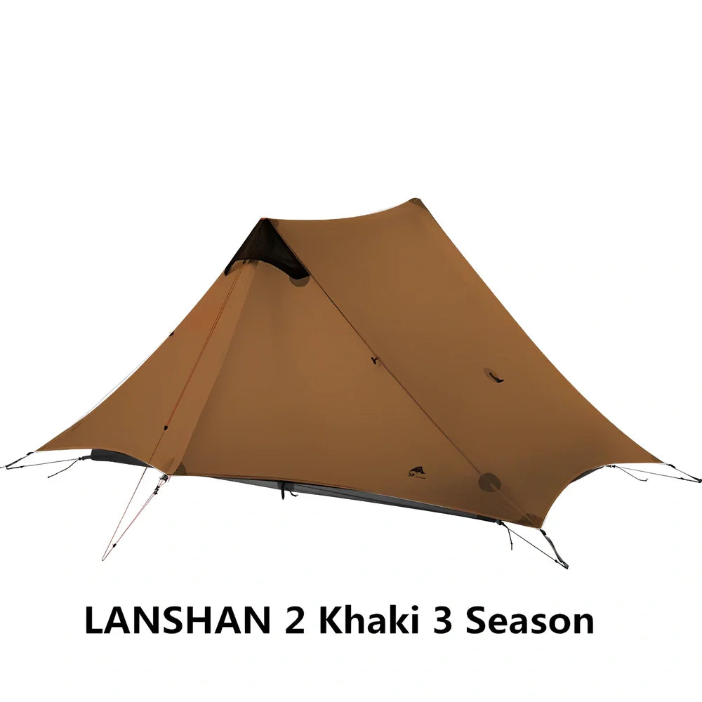 Single tip poleless tent with aluminium supports and camouflage design in outdoor setting