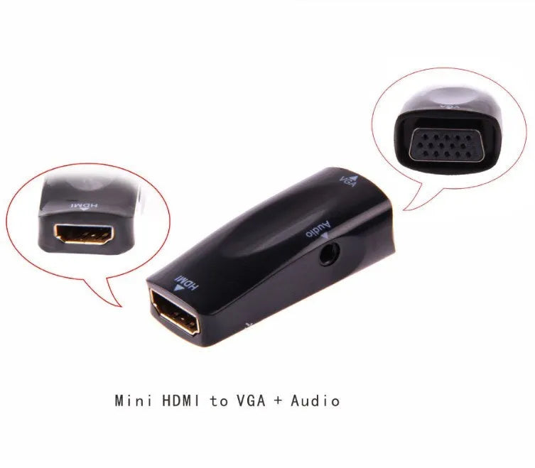 Black and white HDMI to VGA adapter converter showing compact connector block.