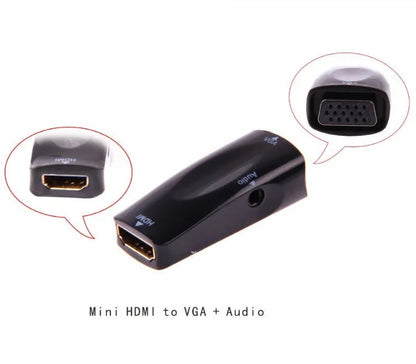 Black and white HDMI to VGA adapter converter showing compact connector block.