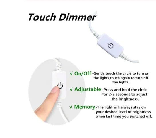 Adjustable sewing machine LED light bar with touch-sensitive dimming controls for customizable illumination