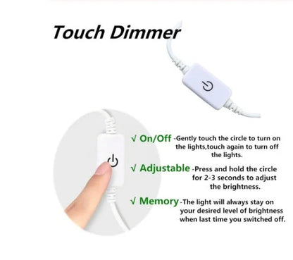 Adjustable sewing machine LED light bar with touch-sensitive dimming controls for customizable illumination