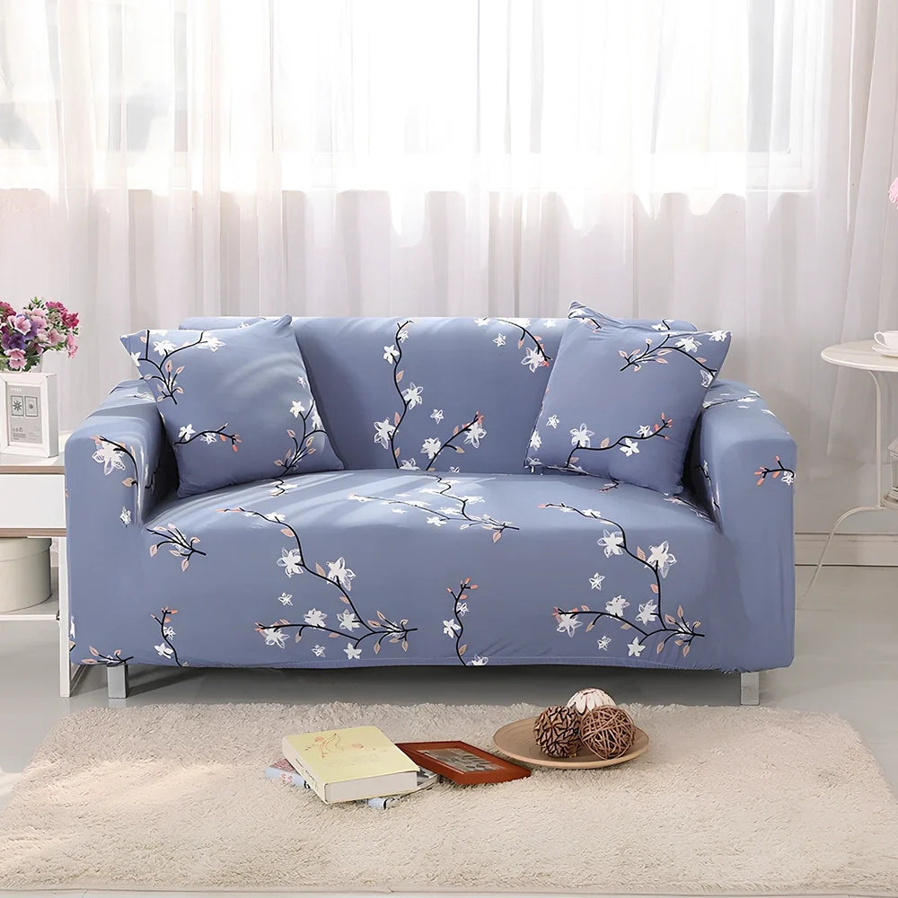 Elastic sofa cover with stripe pattern stretched over 3-seat sofa in living room setting