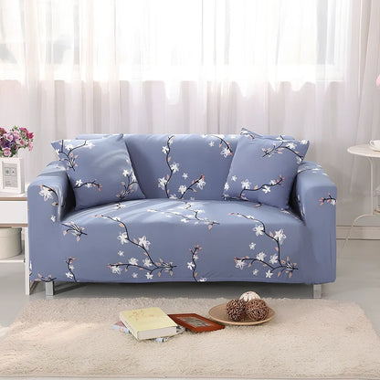 Elastic sofa cover with stripe pattern stretched over 3-seat sofa in living room setting