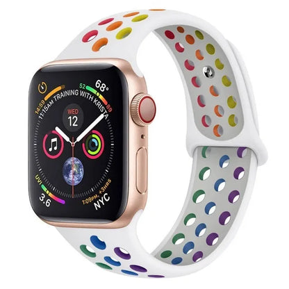 Silicone sports wristband with single buckle strap in black, rainbow, or white, sizes 38x40mm and 42x44mm