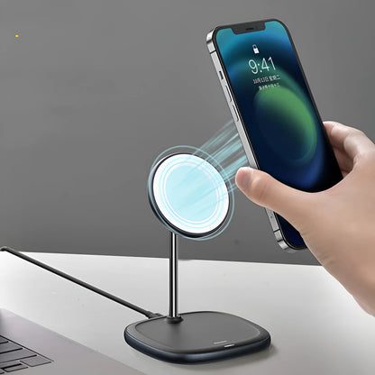 Swan magnetic wireless charging stand for iPhone 12 with 15W fast charging capability in black or white