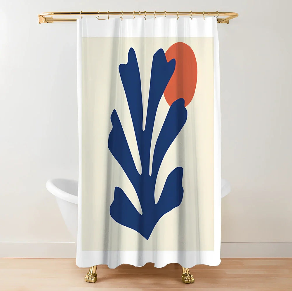 Green plant print shower curtain with waterproof polyester material in bathroom setting