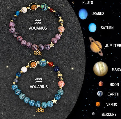 Twelve Zodiac Sign Beaded Bracelet Set with natural stone beads and adjustable 18-22cm length on a wrist