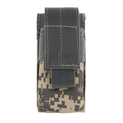 Black tactical MOLLE waist pouch with elastic cord closure, shown attached to a belt.