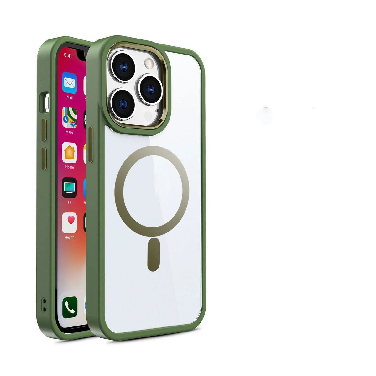 Magnetic transparent silicone phone case showing iPhone compatibility and 10 colour options including green, red, blue, and purple