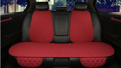 Flax linen car seat cover protector in beige, black, red and brown, with cushion and five-seat style options.