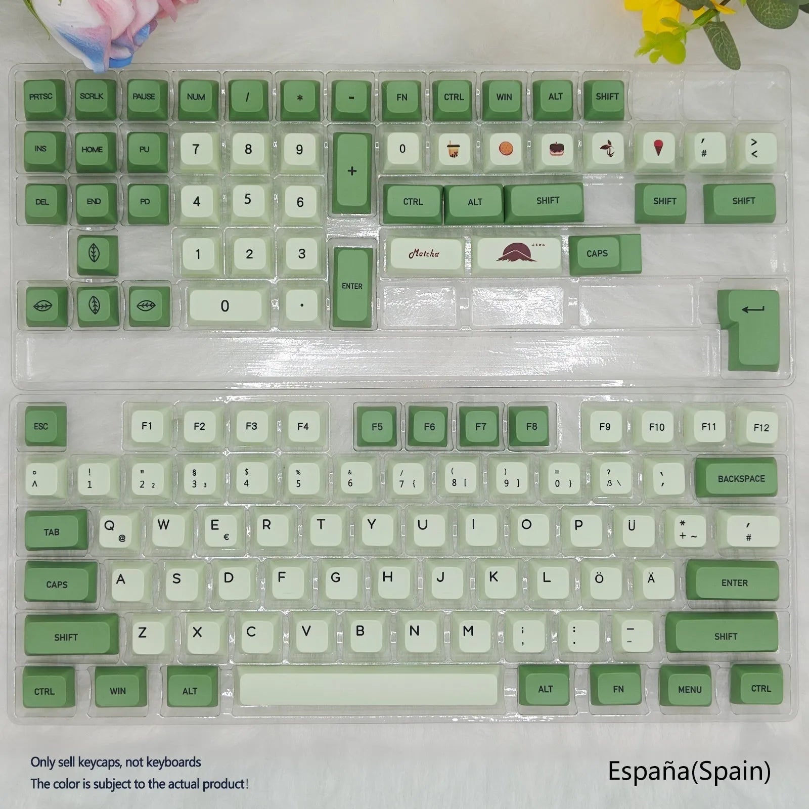 124 PBT keycaps with matcha theme and dye-sublimated legends for mechanical keyboards