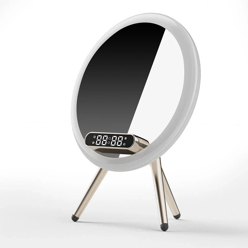 Multi-function LED mirror alarm clock with wireless charging and Bluetooth speaker in blue and white