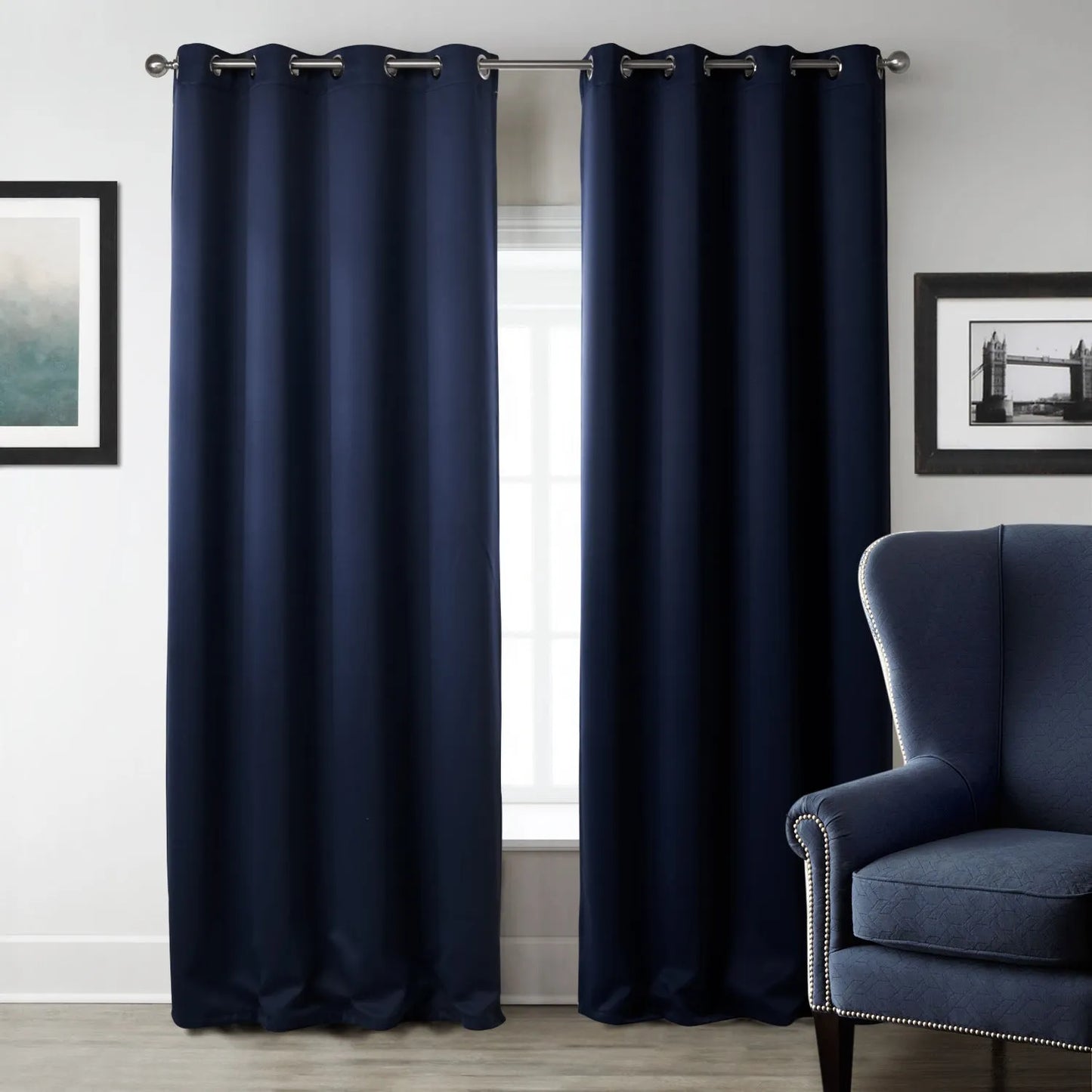 Dark navy blue blackout bedroom curtains hanging with modern simple style