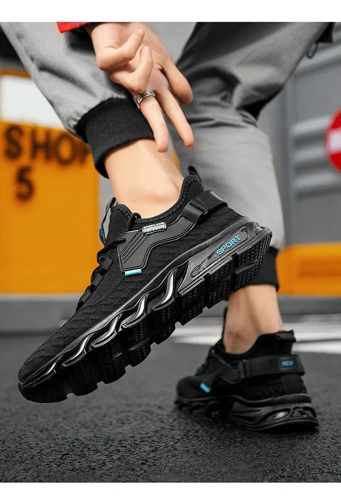 Black and blue Flying Woven Breathable Mesh Shoes with flat heel and rubber sole, EU 39-44 sizes for sports