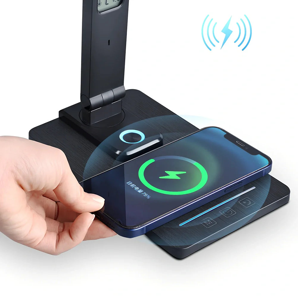 Black table lamp with 10W wireless charging pad and ABS+PS shade for basic night lighting