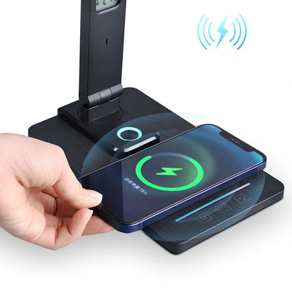 Black table lamp with 10W wireless charging pad and ABS+PS shade for basic night lighting