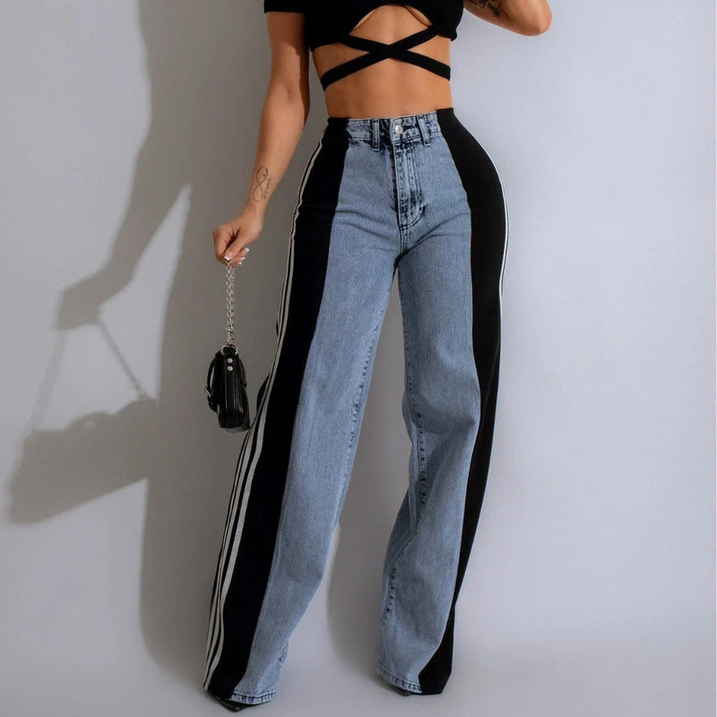 Stylish High-Waist Denim Trousers with Patchwork Accents