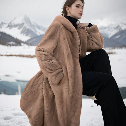 Brown leopard print faux fur coat with regular sleeves, 100cm length, plus size outerwear