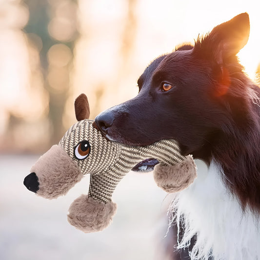Plush dog squeaky toy with cotton-weave construction for medium and large dogs
