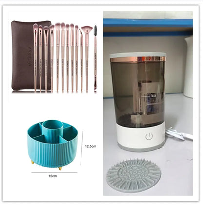Grey and white portable electric makeup brush cleaner with USB charging cable.