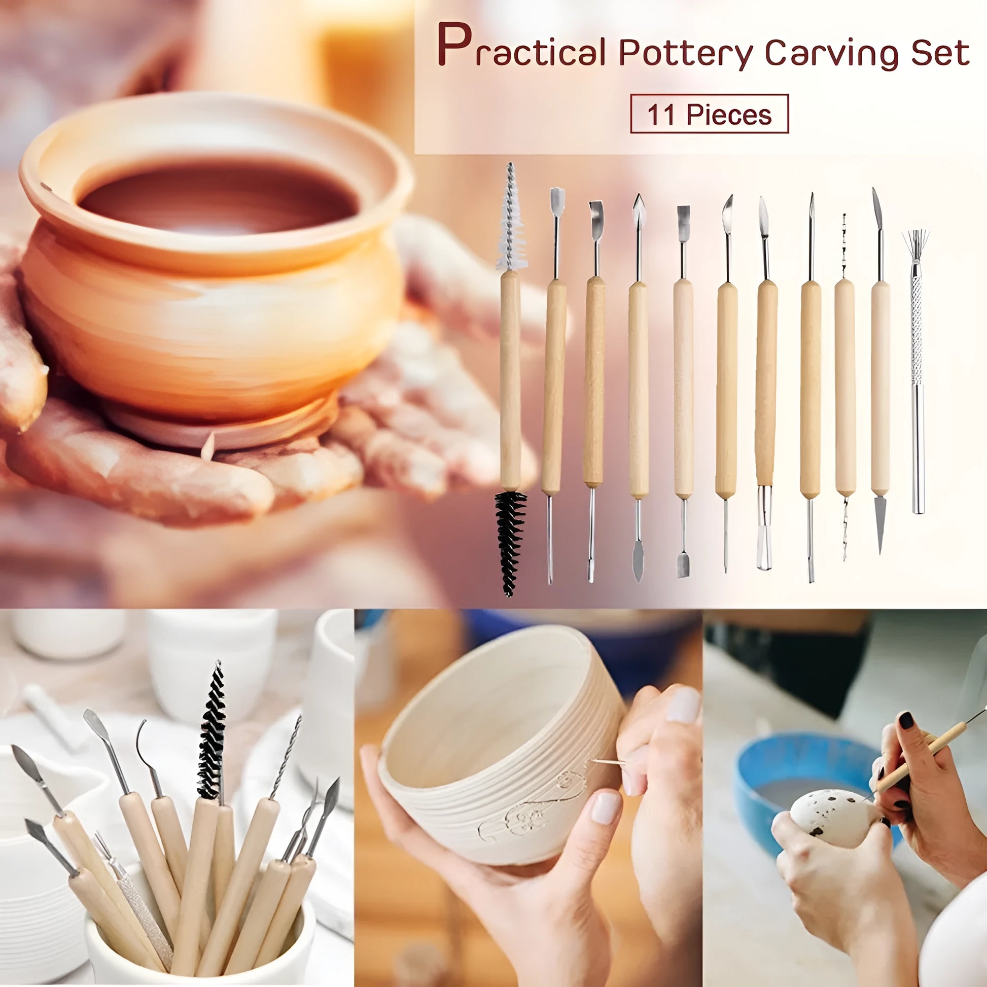 11-piece pottery clay tool set with wooden and stainless steel tools on a table.