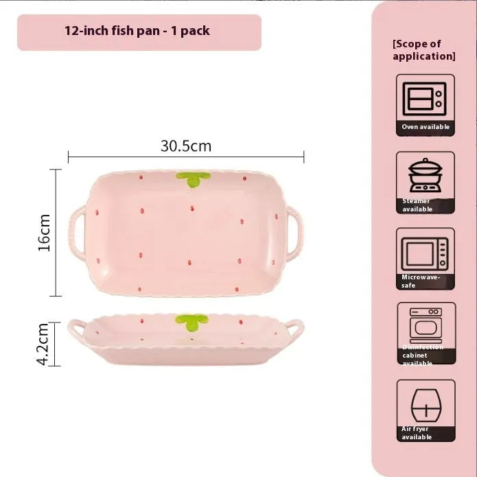 Porcelain dinnerware set with strawberry pattern, showing plates, bowls, and a twist spoon in various sizes