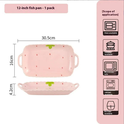 Porcelain dinnerware set with strawberry pattern, showing plates, bowls, and a twist spoon in various sizes