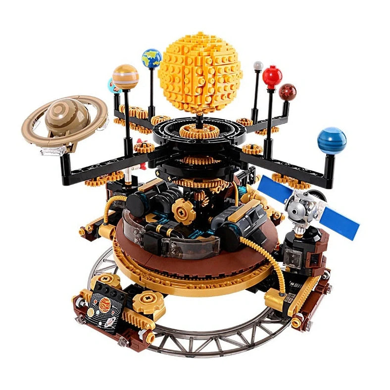 Electric building blocks solar system model with rotating Earth instrument and flashing LED lights assembled from 200+ ABS plastic pieces