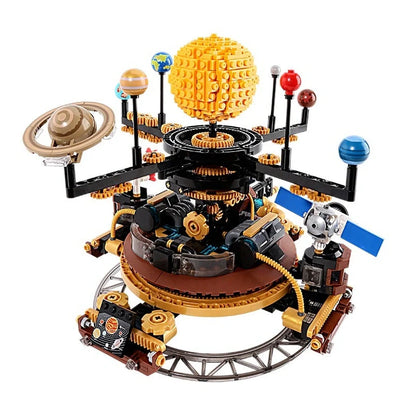 Electric building blocks solar system model with rotating Earth instrument and flashing LED lights assembled from 200+ ABS plastic pieces