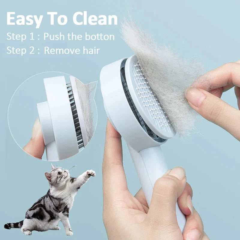Self-cleaning pet grooming brush for dogs and cats with one-touch cleaning button