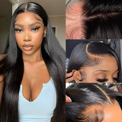 Black straight human hair wig with 13x6 lace front shown at various lengths