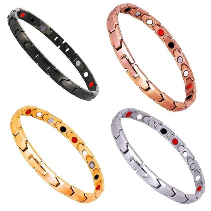 Metal rhombus therapy bracelet in black, bronze, gold, or silver, available as single or multi-pack for arthritis and slimming support.