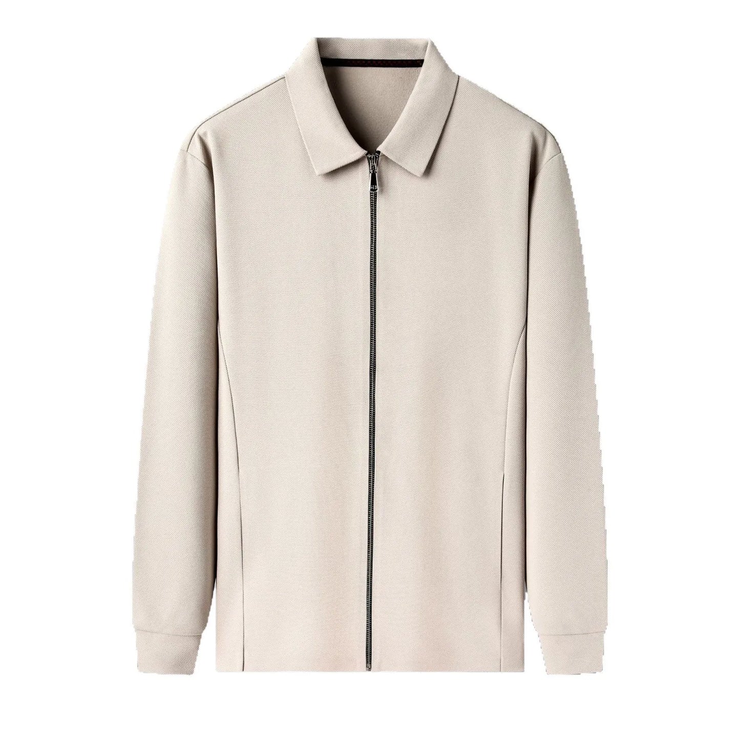 Men's jacket in black, dark grey, or apricot with straight hem and regular sleeves, showing size options from M to 3XL.