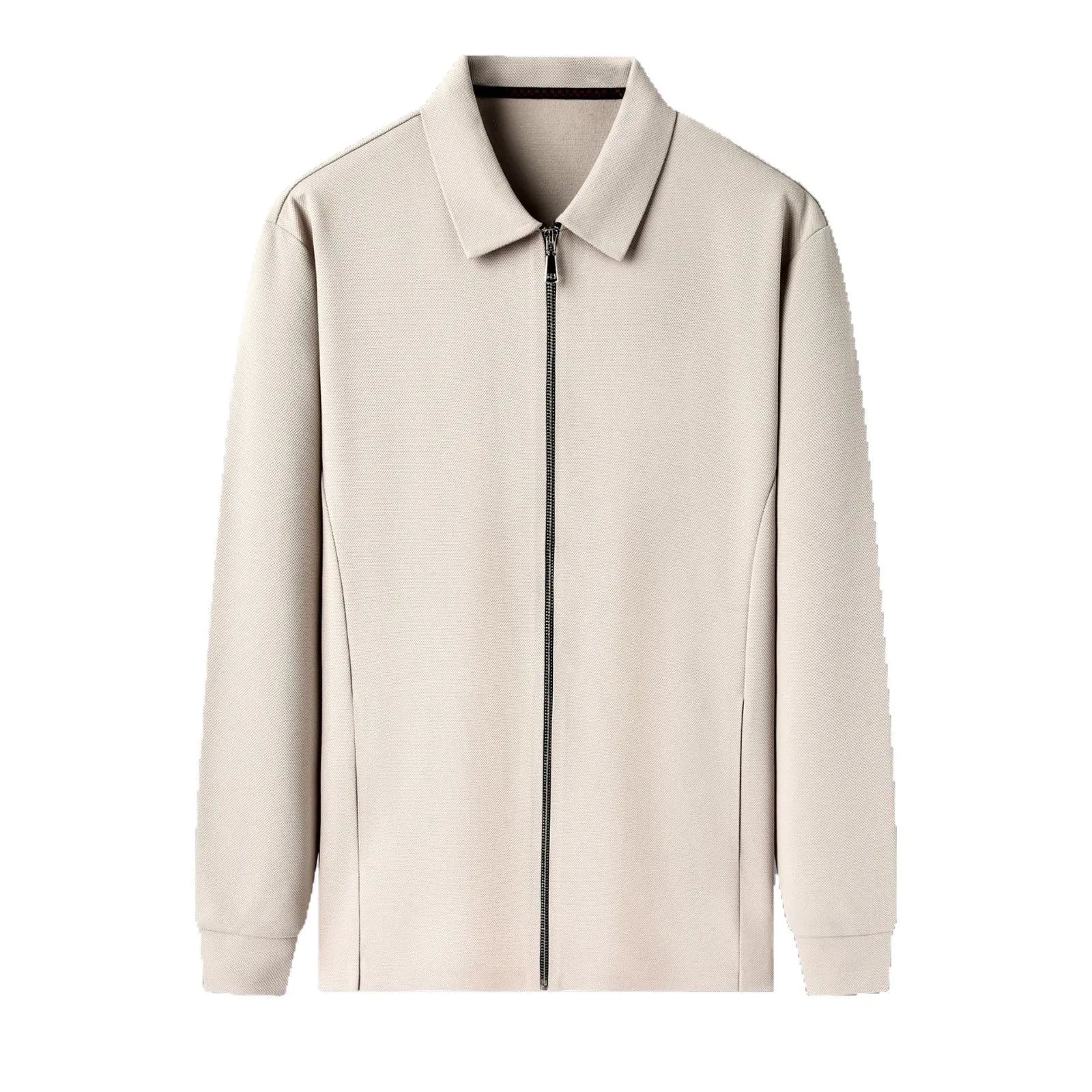 Men's jacket in black, dark grey, or apricot with straight hem and regular sleeves, showing size options from M to 3XL.